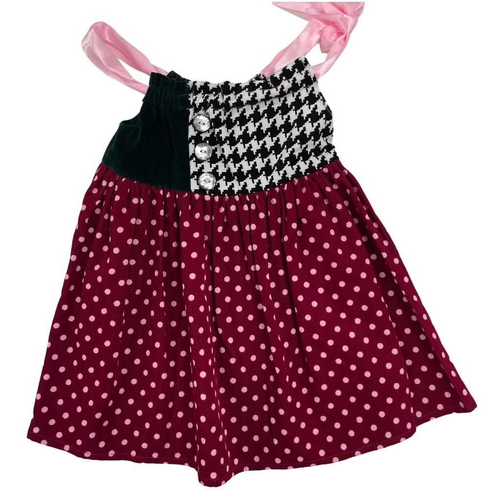A La Modish Girls Pink Polka Dot Print Corduroy Ribbon Tie Dress 6-12 Months